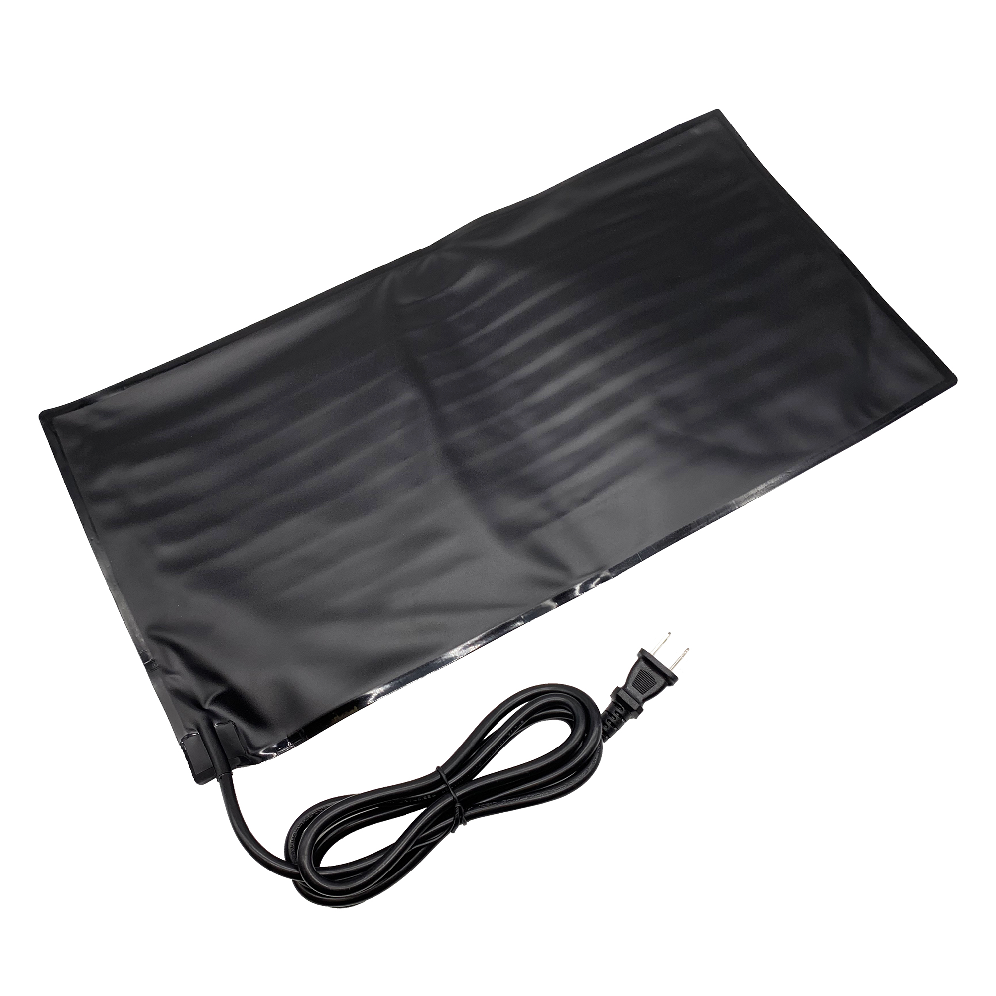 A black heat mat for seed starting with a visible power cord.
