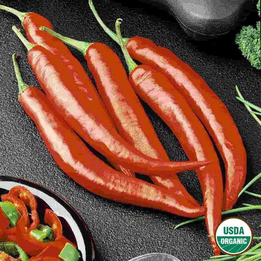 Long Slim Organic Cayenne Pepper seeds from Ferry-Morse. Fully matured and harvested.
