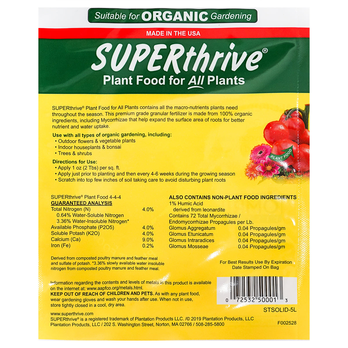 SUPERthrive Organic All-Purpose Plant Food, Solid Granular Back of Packaging