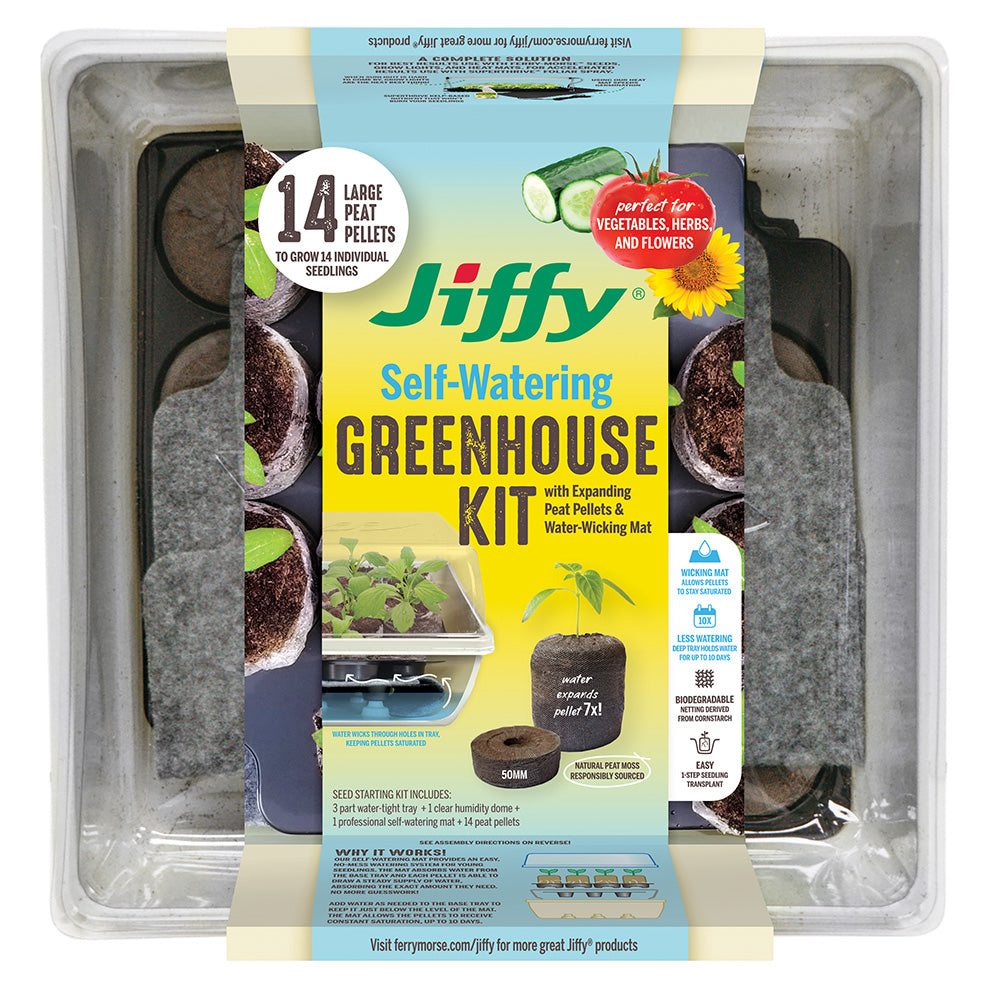 Jiffy 50mm Self-Watering Seed Starting Tomato & Vegetable Greenhouse Kit with 14 Plant-based Expanding Peat Pellets & Water-Wicking Mat