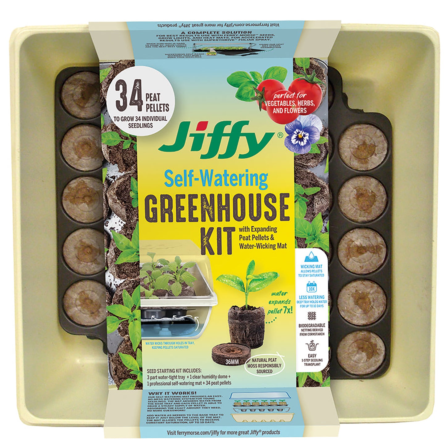 Jiffy 36mm Self-Watering Seed Starting Greenhouse Kit with 34 Plant-based Expanding Peat Pellets & Water-Wicking Mat