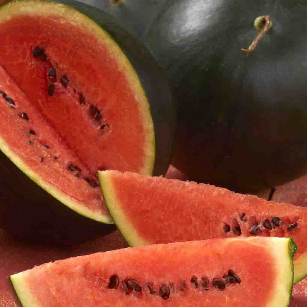 Heirloom Sugar Baby Watermelon Seeds from Ferry Morse_Image shows picture of sugar baby watermelon harvested and cut in half with delicious looking pink meat inside.