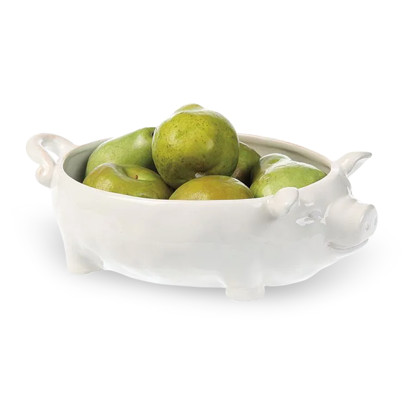 White ceramic fruit bowl in the shape of a happy little pig!