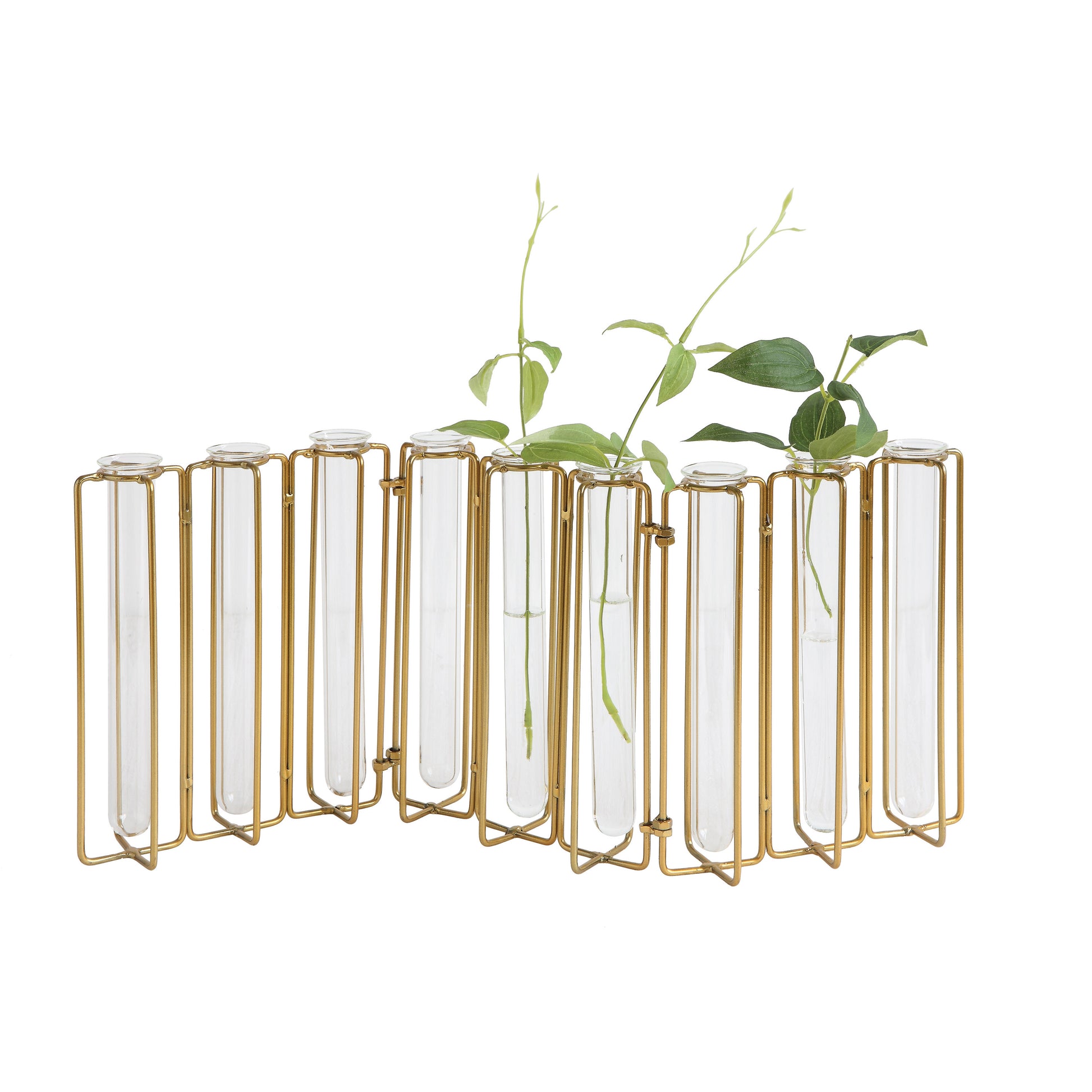 9 Test Tube Vases in a Single Gold Metal Stand
