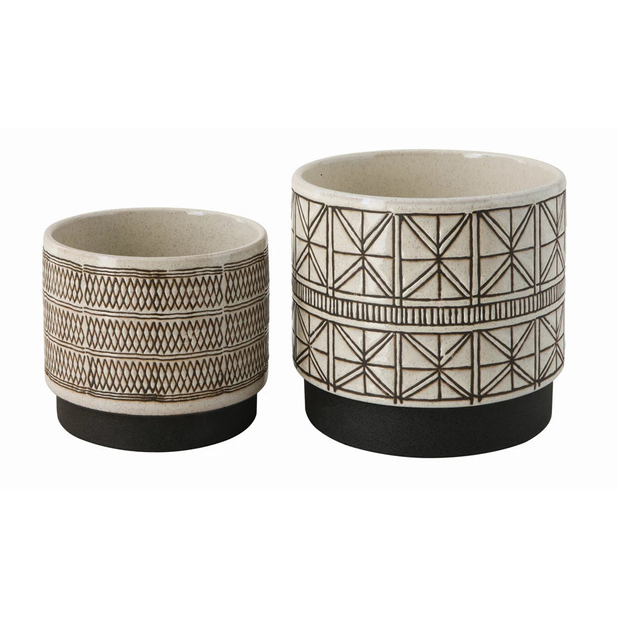 White Stoneware Planters with Black Designs (Set of 2 Designs)