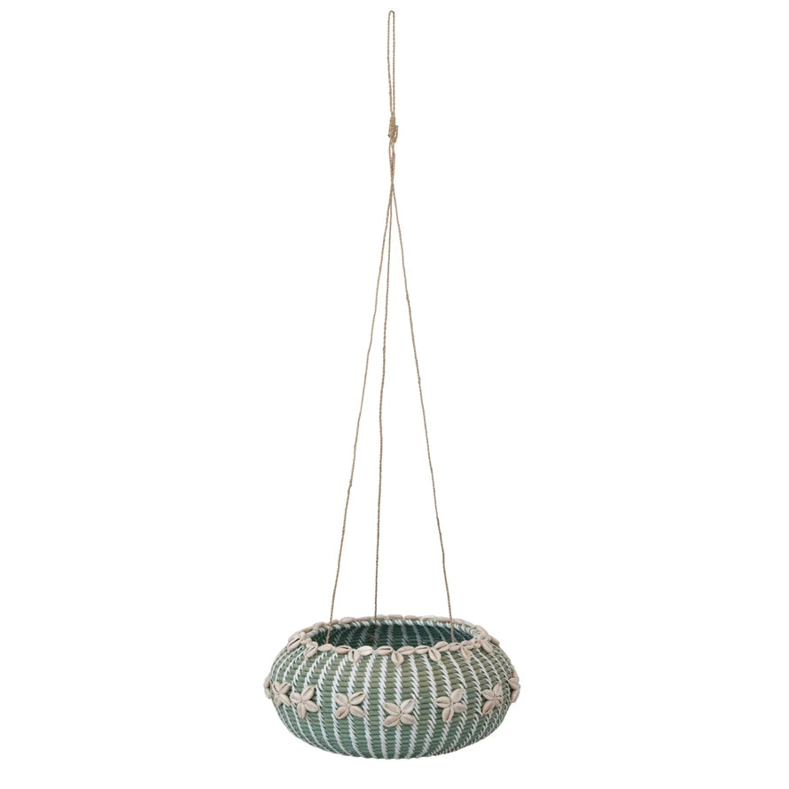 Hanging Handwoven Rattan Planter with Shells & Jute Hanger