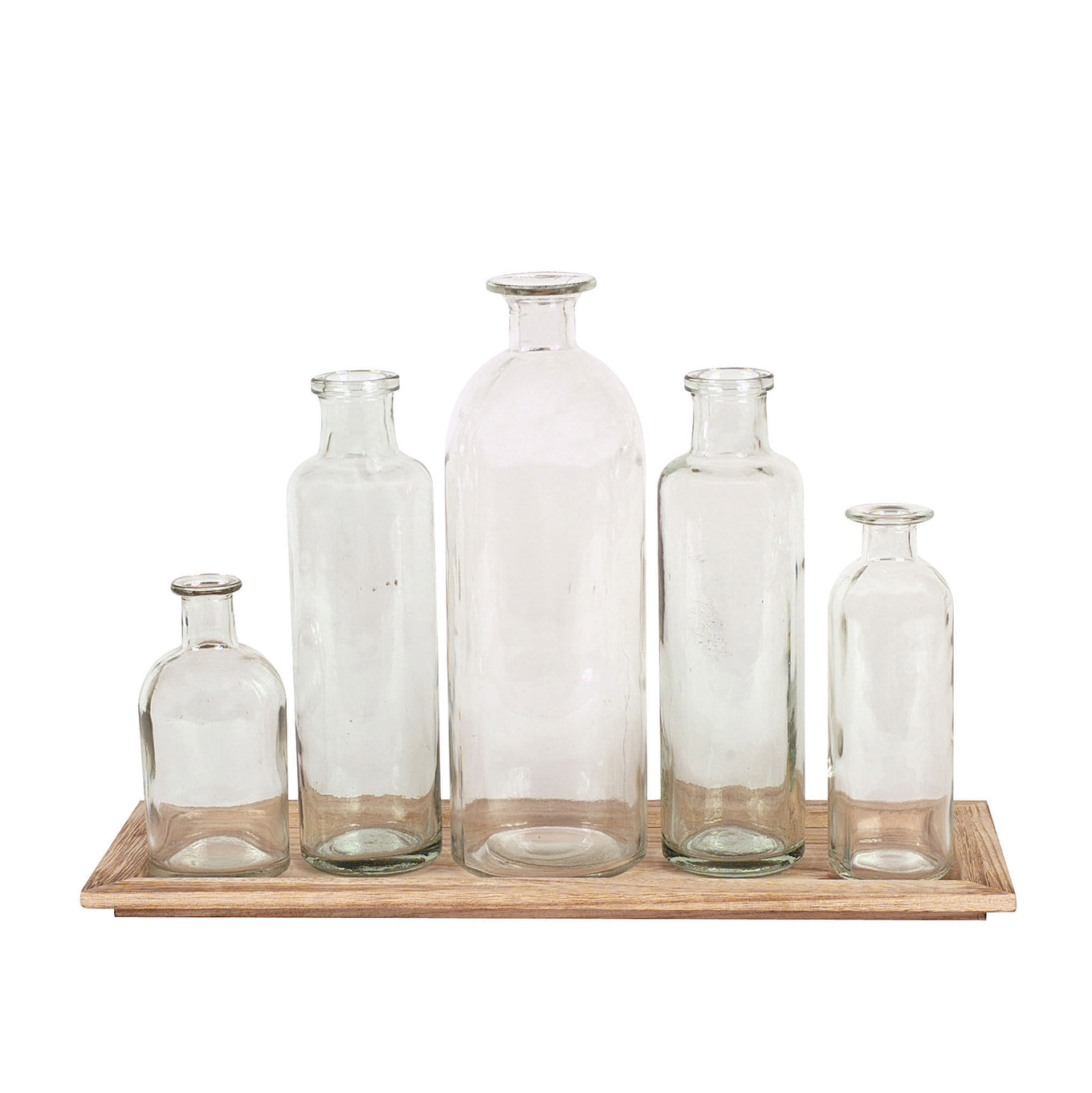 Set of 5 Vintage Bottle Vases on Wood Tray
