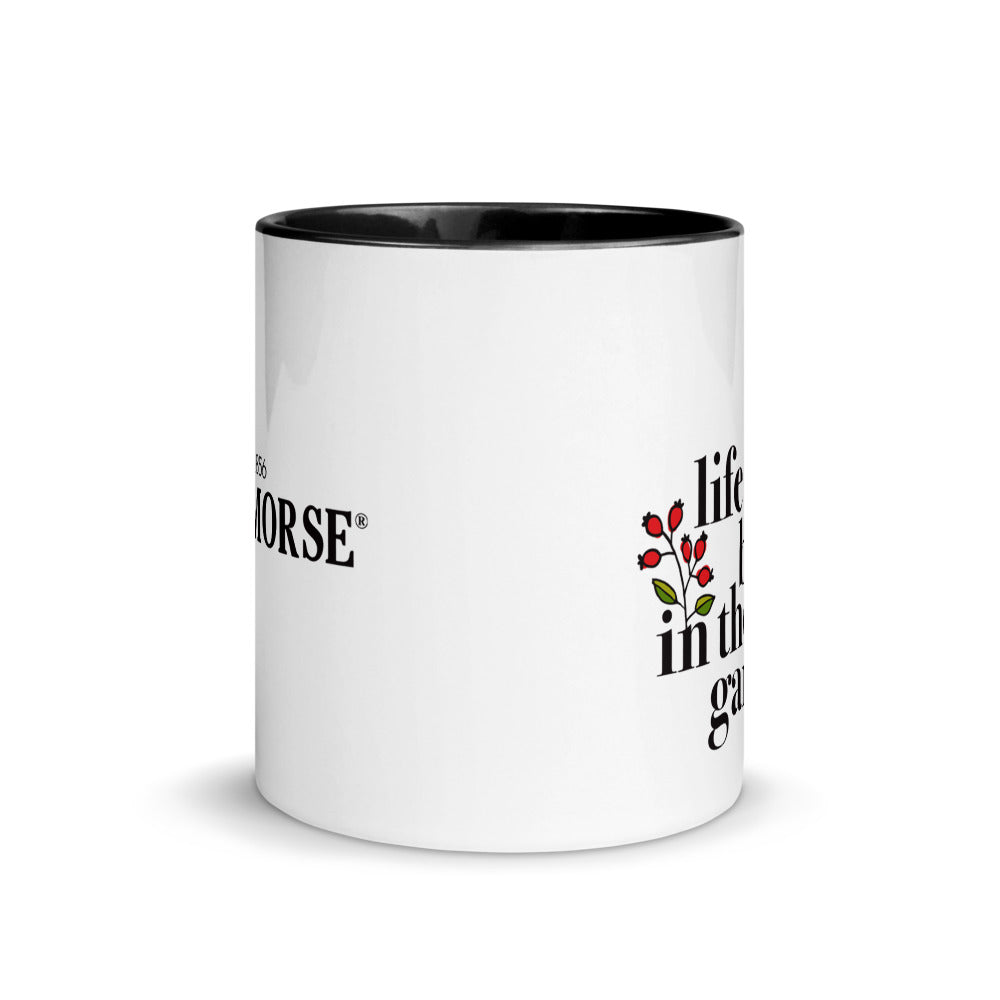 Life is better in the garden Ferry-Morse gardening mug in white and black, side view.