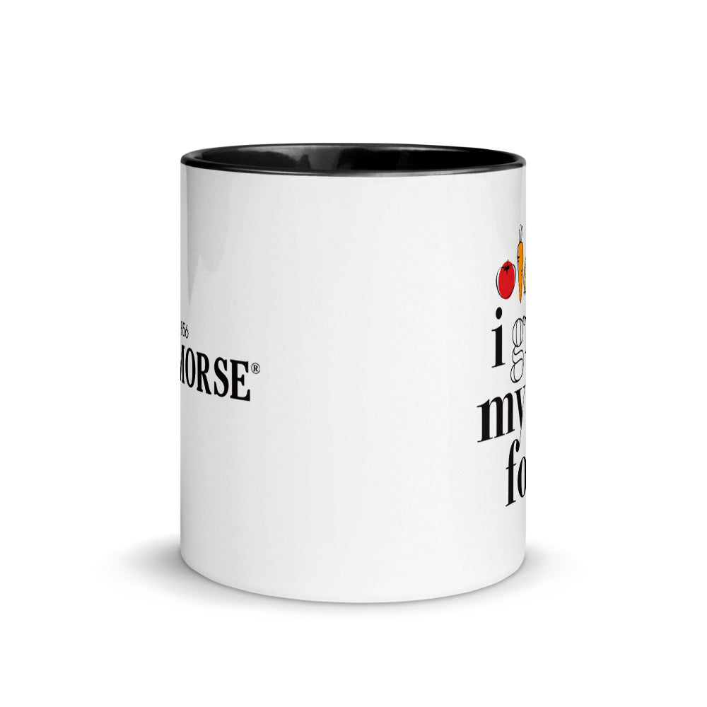 I GROW MY OWN FOOD ceramic mug for gardeners, farmers, homesteaders or agriculturalists in black and white, side view.