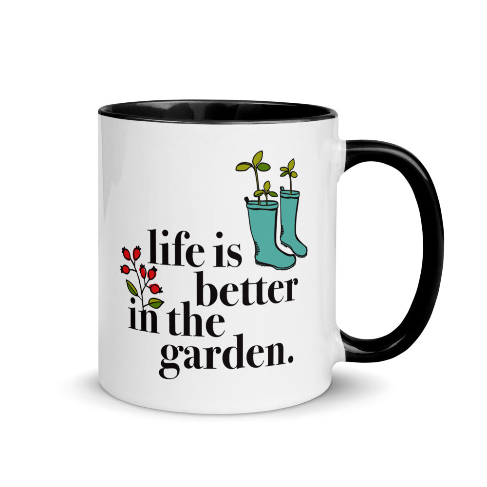 Life is better in the garden Ferry-Morse gardening mug in white and black, front view.