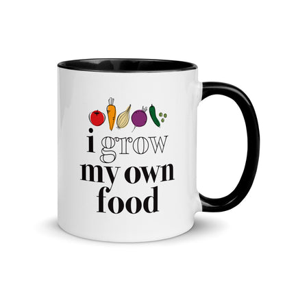 I GROW MY OWN FOOD ceramic mug for gardeners, farmers, homesteaders or agriculturalists in black and white, front view.
