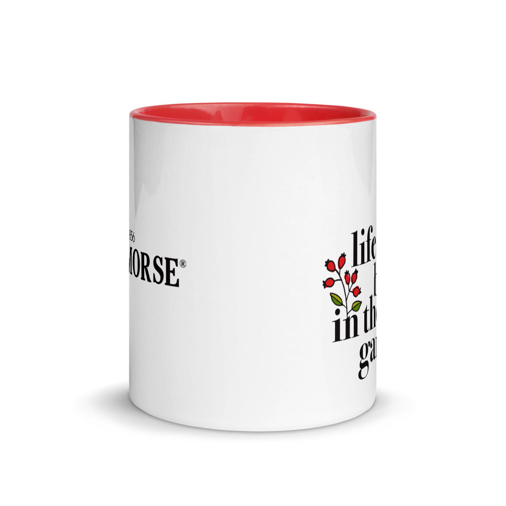 Life is better in the garden Ferry-Morse gardening mug in white and red, side view.