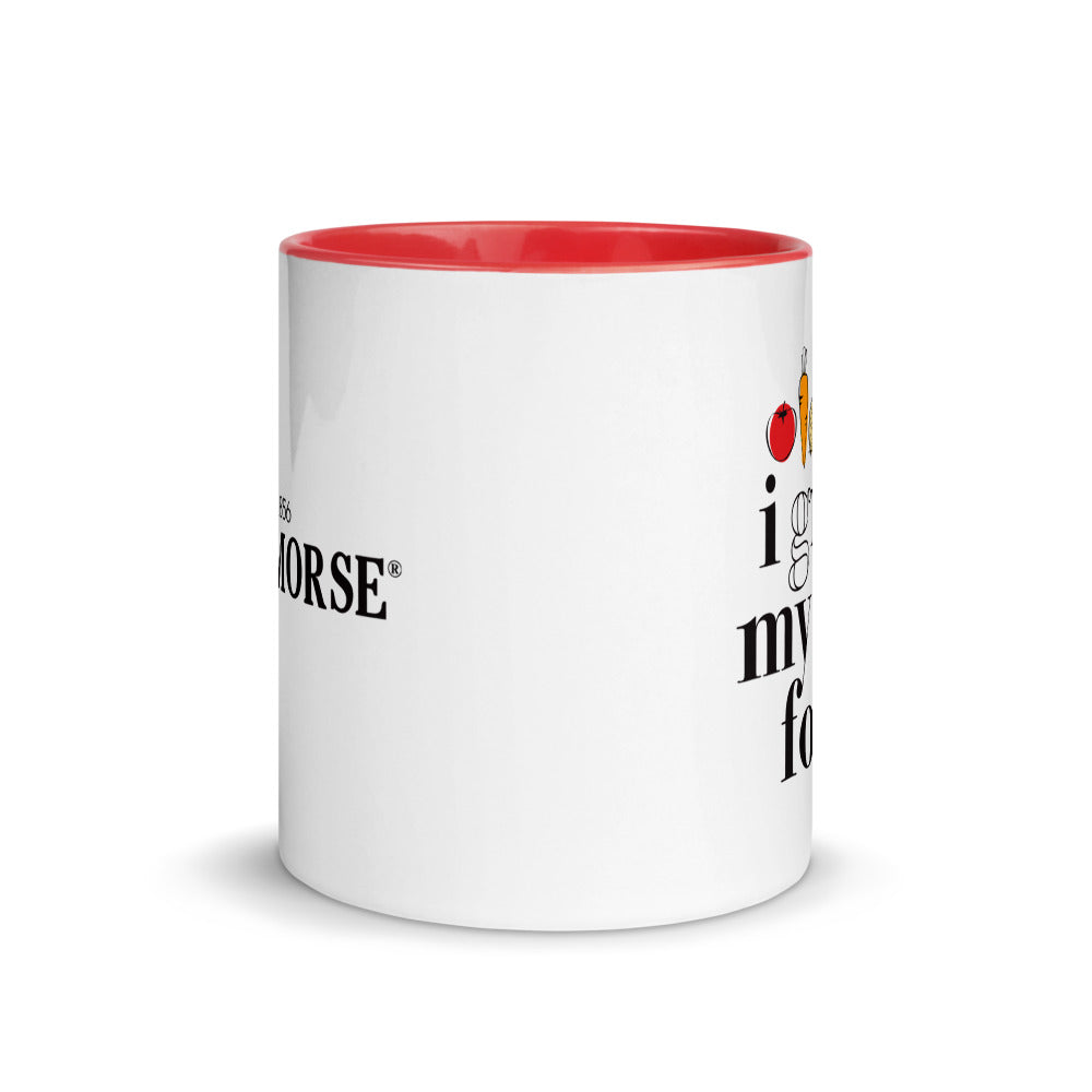 I GROW MY OWN FOOD ceramic mug for gardeners, farmers, homesteaders or agriculturalists in red and white, side view.