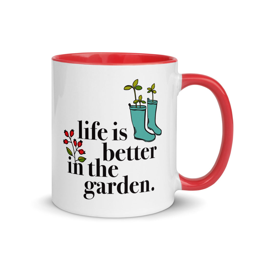 Life is better in the garden Ferry-Morse gardening mug in white and red, front view.