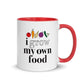 I GROW MY OWN FOOD ceramic mug for gardeners, farmers, homesteaders or agriculturalists in red and white, front view.