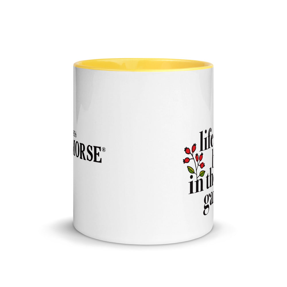 Life is better in the garden Ferry-Morse gardening mug in white and yellow, side view.