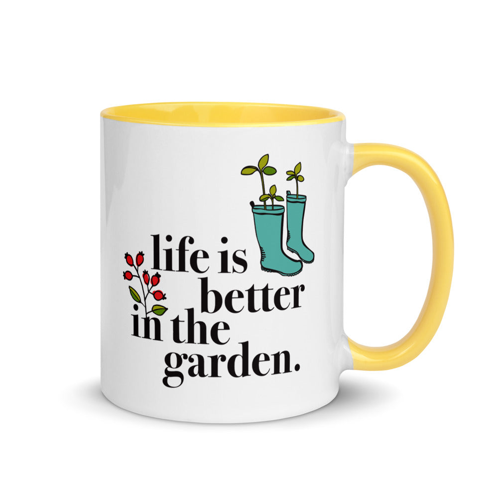 Life is better in the garden Ferry-Morse gardening mug in white and yellow, front view.