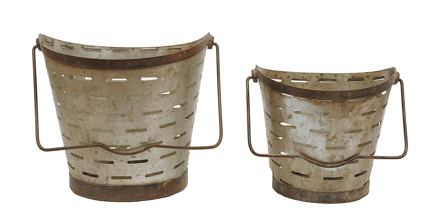 Distressed Metal Olive Buckets with Handles (Set of 2 Sizes)